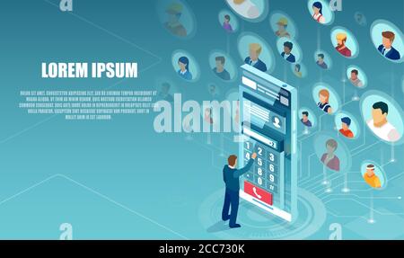 Vector of a virtual communication between man and a group of diverse people. Customer support concept Stock Vector