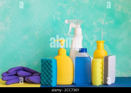 cleaning items household ,spray, brush, sponge. Disinfection and cleaning products in plastic bottles, sponges.restoring order, establishing order Stock Photo