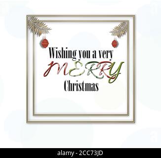 Minimalist Christmas card with text We Wish You a Very Merry Christmas with red hanging balls on white background. 3D illustration Stock Photo