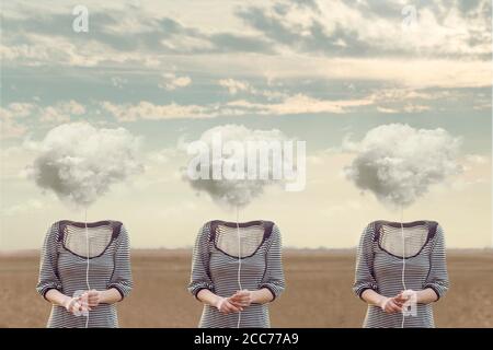 three equal  persons  hiding his face with a cloud, conceptual image Stock Photo