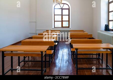 Inside view of a classroom.  Empty classroom during coronavirus. Stock Photo