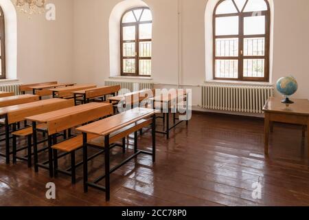 Inside view of a classroom.  Empty classroom during coronavirus. Stock Photo