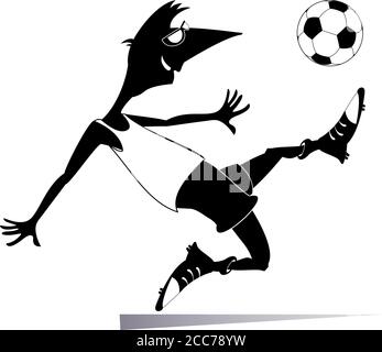 Smiling young man playing football illustration. Cartoon football player kicks a ball black on white Stock Vector
