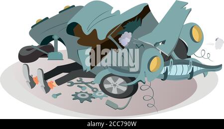 Mechanic repairs a car illustration. Legs of a mechanic sticking out from under a wrecked car isolated Stock Vector