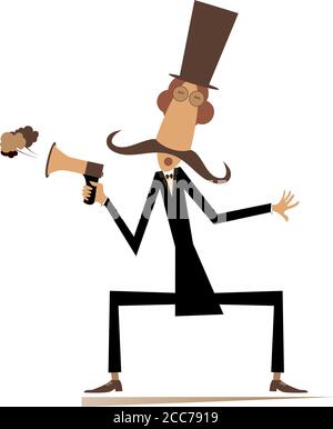 Man, megaphone and news isolated illustration. Cartoon mustache in the top hat man with megaphone makes announcement isolated on white Stock Vector