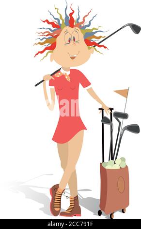 Funny young woman plays golf isolated illustration.Pretty young woman with a golf club on the shoulder and bag full of golf clubs and balls isolated o Stock Vector