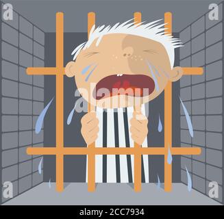 Crying prisoner stays behind the bars illustration. Fair-haired prisoner in striped clothing holds bars with hands and cries Stock Vector