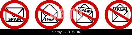 No spam icon, mail envelope with text in red crossed circle Stock Vector