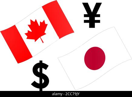 CADJPY forex currency pair vector illustration. Canadian and Japanese flag, with Dollar and Yen symbol. Stock Vector