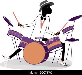 African drummer and drum kit illustration. Cartoon African man plays on drums isolated on white illustration Stock Vector