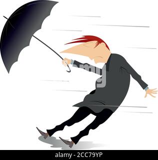 Strong wind, rain and man with umbrella isolated illustration.Whirlwind, rain and man with umbrella stands under the rain and strong wind isolated on Stock Vector