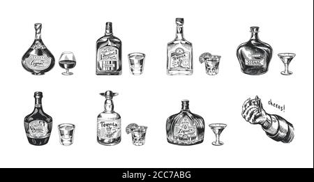 Bottles of tequila, liqueur and cognac. Set of Glass shots and goblets. Retro poster or banner. Engraved hand drawn vintage sketch.  Stock Vector