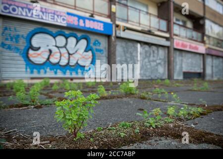 A deserted small precinct centre located in Collyhurst, Manchester. Stock Photo