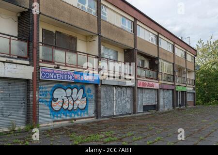 A deserted small precinct centre located in Collyhurst, Manchester. Stock Photo