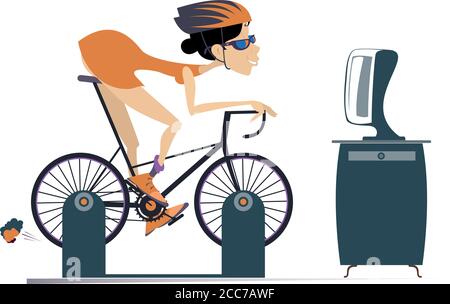 Cyclist woman trains at home on the exercise bike illustration.Cyclist young woman rides on exercise bike in front of TV or computer isolated on white Stock Vector