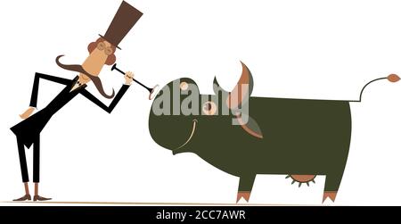 Veterinarian and cow illustration. Funny long mustache man in the top hat is examining a smiling cow by endoscope isolated on white Stock Vector