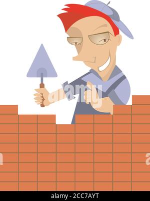 Smiling worker builds a brick wall illustration. Cartoon bricklayer with a trowel stands beyond the brick wall isolated on white Stock Vector