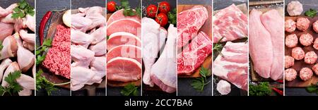 food collage of various fresh meat and chicken, top view Stock Photo
