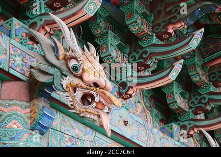 Decorative Dragon Head at Haeun-jeungsa Buddhist Temple in Busan, South Korea Stock Photo