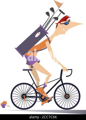 Young man rides the bike and goes to play golf illustration.Smiling young man on the bike with a bag full of golf clubs is on the way to the golf cour Stock Vector