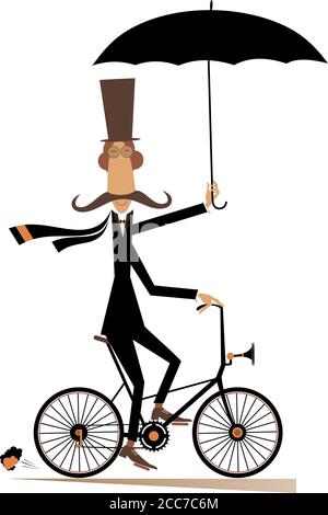Long mustache man rides on the bike illustration.Cartoon long mustache man in the top hat with umbrella rides on the bicycle and looks healthy and hap Stock Vector