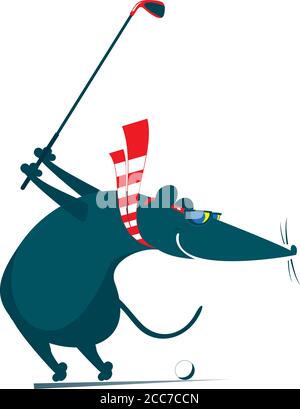 Cartoon rat or mouse plays golf illustration. Funny rat or mouse tries to do a good kick isolated on white Stock Vector