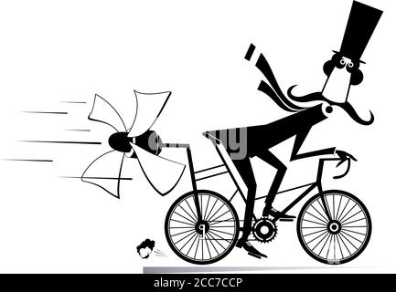 Cartoon mustache man in the top hat rides on the bicycle and tries to ride faster using a propeller black on white Stock Vector