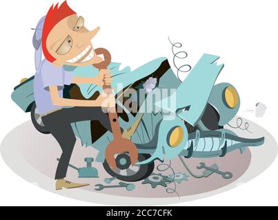 Cartoon mechanic repairs a car illustration. Cartoon mechanic with a big spanner repairs the broken car isolated on white Stock Vector