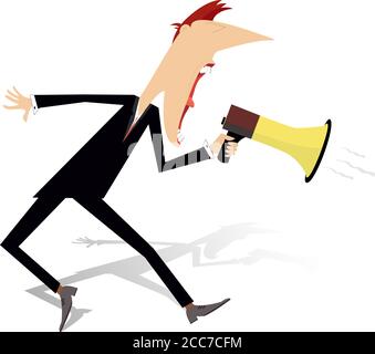 Man, megaphone and news isolated illustration. Cartoon man with megaphone makes announcement isolated on white Stock Vector