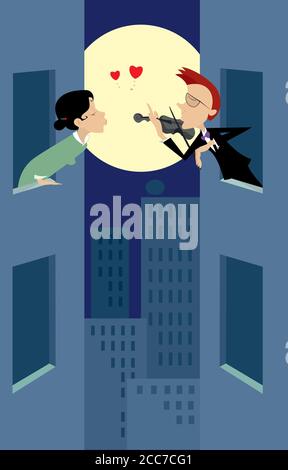 Love couple rendezvous under the moon illustration. Two windows. Young girl listens her boyfriend playing violin under the moon Stock Vector