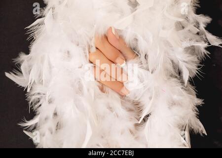 Soft female hand between soft white feathers Stock Photo
