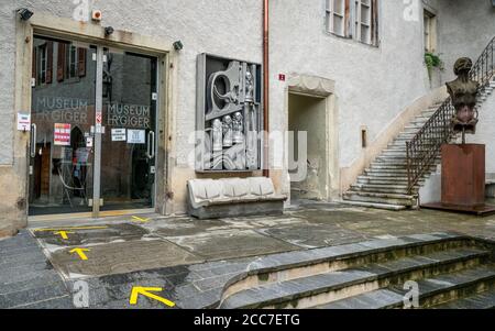 Gruyeres Switzerland , 27 June 2020 : Entrance of the HR Giger museum in Gruyeres Switzerland Stock Photo