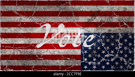 Distressed and fractured American flag with the word Vote. Cracks, wear and tear spread through the red, white and blue flag. Stock Photo