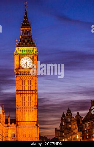 Big Ben Clock Tower at night - London travel. Parliament house at city of Westminster, London, England, Great Britain, UK. Europe travel destination Stock Photo