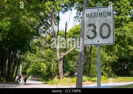 An old seed limit sign that says 'MAXIMUM 30'. The sign is covered with moss and lichen. Trees and road in the background. Stock Photo
