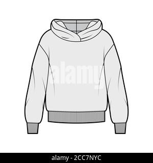 Oversized cotton-fleece hoodie technical fashion illustration with relaxed fit, long sleeves. Flat outwear jumper apparel template front, grey color. Women, men, unisex sweatshirt top CAD mockup Stock Vector