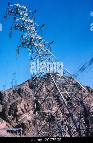 Hoover Dam on the Colorado River, Arizona-Nevada Border, USA. Electric Power Transmission Lines. Stock Photo