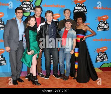 LOS ANGELES - MAR 24:  Henry Danger Cast, Cooper Barnes, Ella Anderson, Jeffrey Nicholas Brown, Michael Cohen,Jace Norman, Sean Ryan Fox, Riele Downs at the 2018 Kid's Choice Awards at Forum on March 24, 2018 in Inglewood, CA Stock Photo