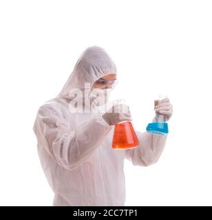 Chemist working with poisonous substances isolated on white background Stock Photo