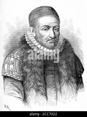 Engraving of William I, Prince of Orange (1533 –  1584), aka William the Silent, William the Taciturn or William of Orange, the main leader of the Dutch Revolt against the Spanish Habsburgs that set off the Eighty Years' War (1568–1648). On his way to Brussels in a barge. Stock Photo