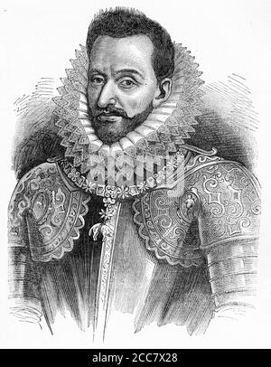 Engraving of Alexander Farnese (Italian: Alessandro Farnese, Spanish: Alejandro Farnesio; 1545 – 1592)  Italian noble and condottiero who was Duke of Parma, Piacenza and Castro from 1586 to 1592, as well as Governor of the Spanish Netherlands from 1578 to 1592. Stock Photo