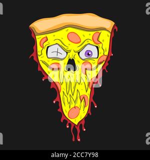 Pizza is a zombie cartoon character on a black isolated background. Vector image Stock Vector