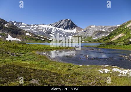 Blue Aster Lake, Scenic Alpine Meadow and Rocky Mountain Peak Landscape. Hiking trail in Kananaskis Country, Alberta, Canada on a sunny summertime day Stock Photo