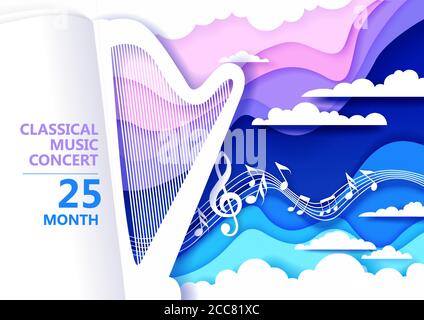 Vector paper cut craft style music composition for harp classical music concert poster banner flyer Stock Vector