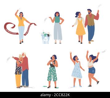 Defeated Covid-19, ending coronavirus pandemic quarantine characters, flat vector isolated illustration Stock Vector