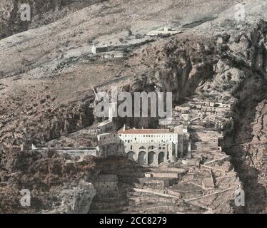 The Abbey of Saint Scholastica, also known as Subiaco Abbey, is located just outside the town of Subiaco in the Province of Rome, Region of Lazio, Italy. A Moastery of St. Benedict. Circa 1920 Stock Photo