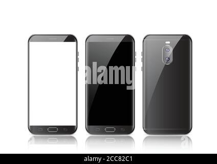 Modern black touchscreen cellphone tablet smartphone isolated on light background. Phone front and back side isolated. Vector illustration. Stock Vector