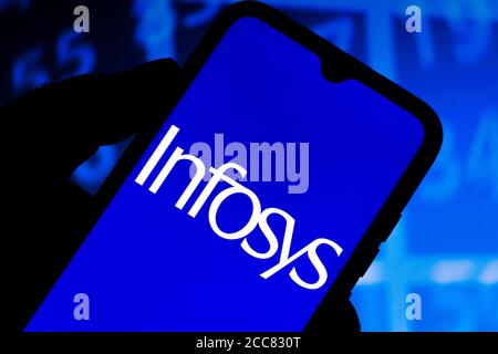 In this photo illustration the Infosys Limited logo seen displayed on a smartphone. Stock Photo