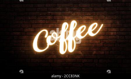 Coffee neon sign emblem in neon style on brick wall background Stock Photo