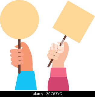 hands humans with protest banners flat style icon vector illustration design Stock Vector